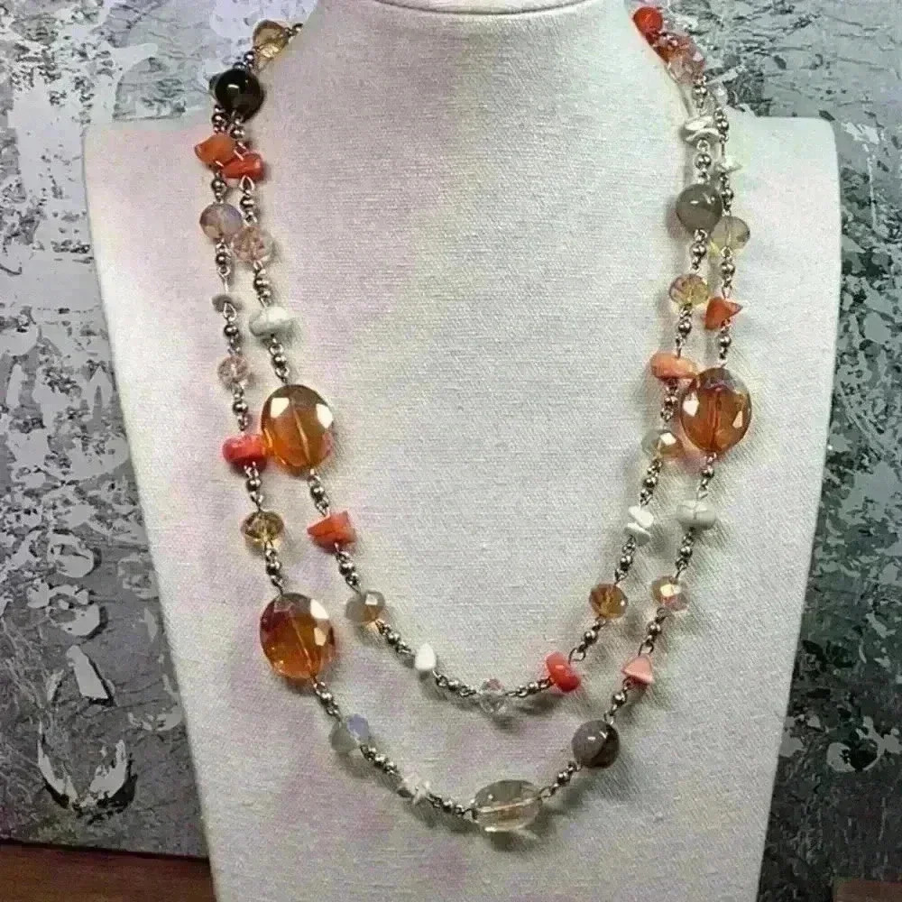 Orange and Silver Glass and Stone Necklace